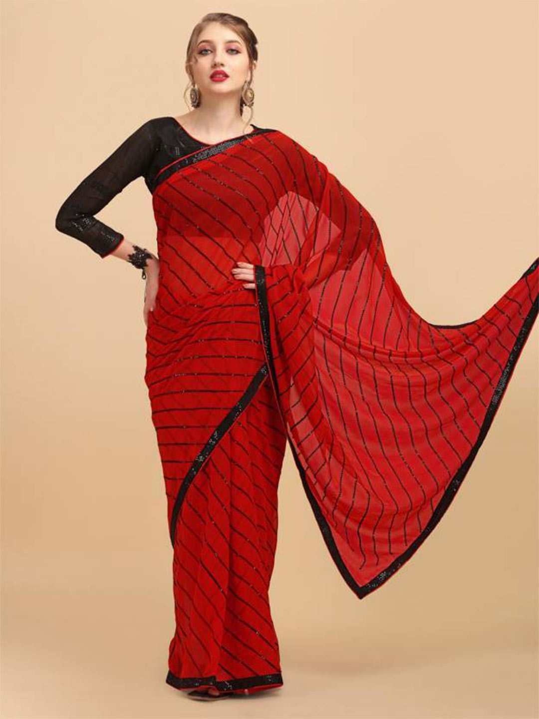 

Sangria Red & Black Embellished Sequinned Pure Georgette Saree