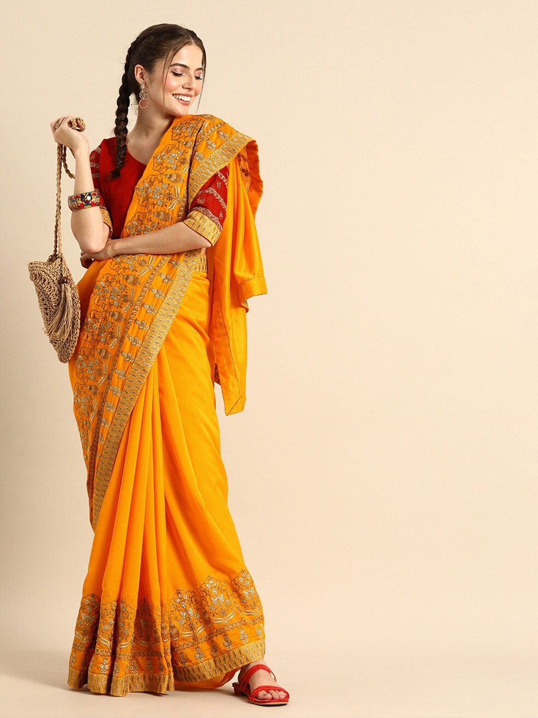 

Sangria Mustard & Silver-Toned Embroidered Silk Blend Saree