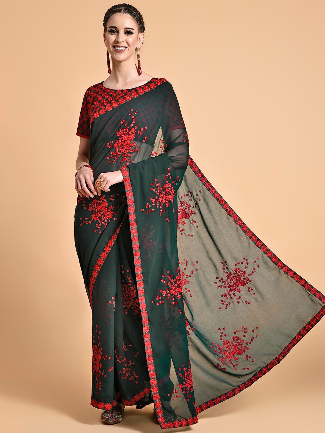 

Sangria Olive Green & Red Floral Embroidered Pure Georgette Saree