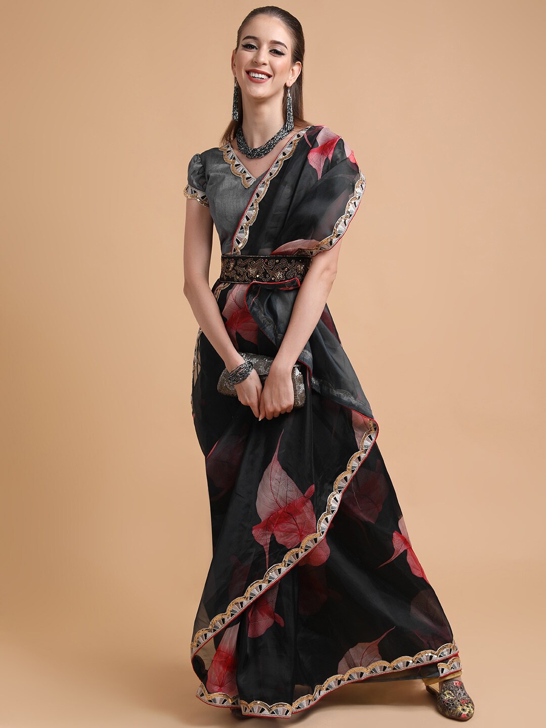 

Sangria Black & Pink Floral Sequinned Organza Saree