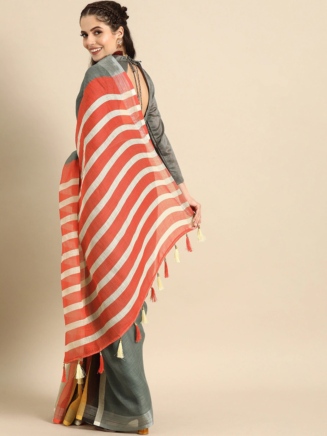 

Sangria Grey & Red Striped Pure Linen Saree