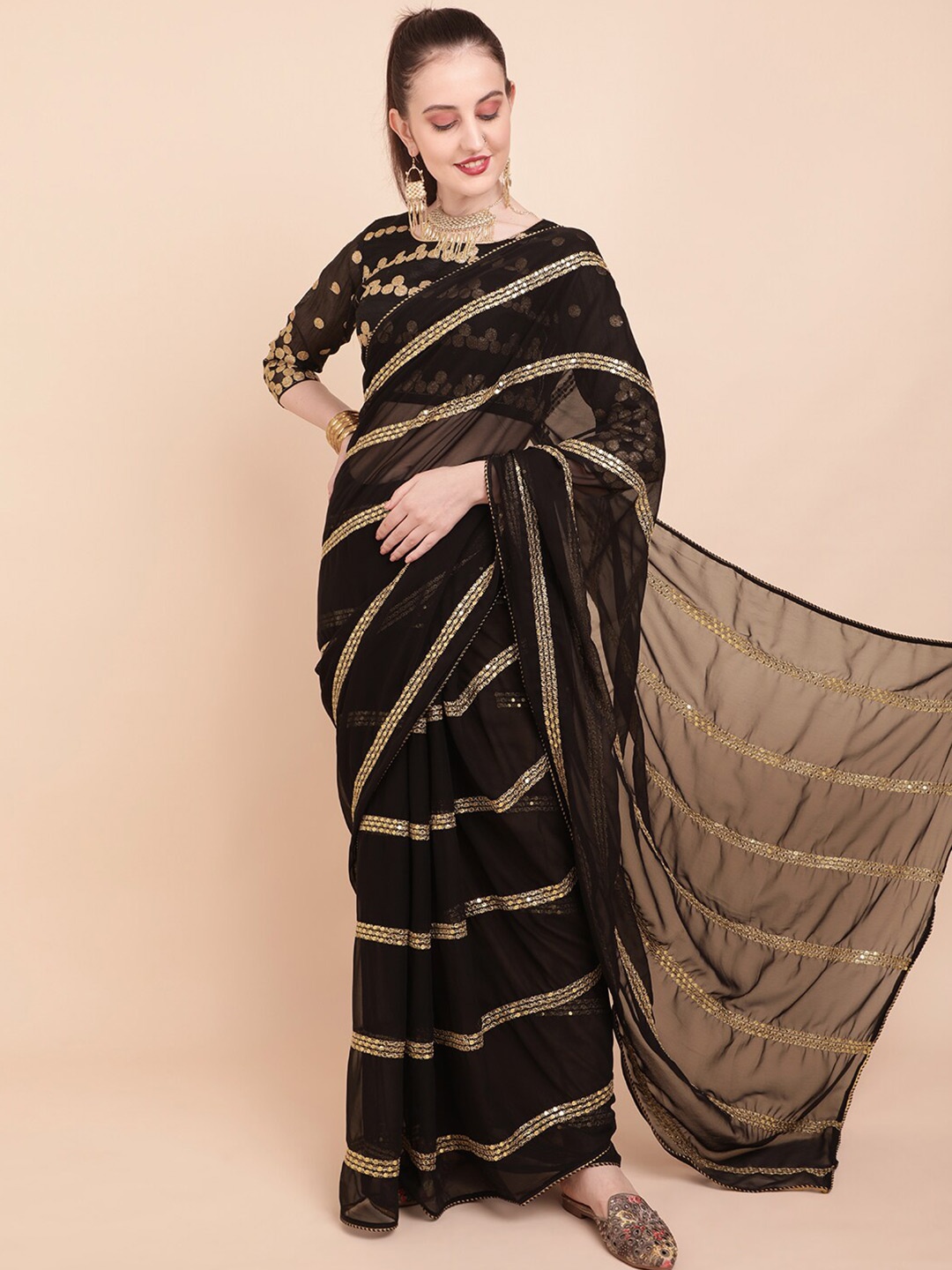 

Sangria Black & Gold-Toned Embellished Sequinned Pure Georgette Saree
