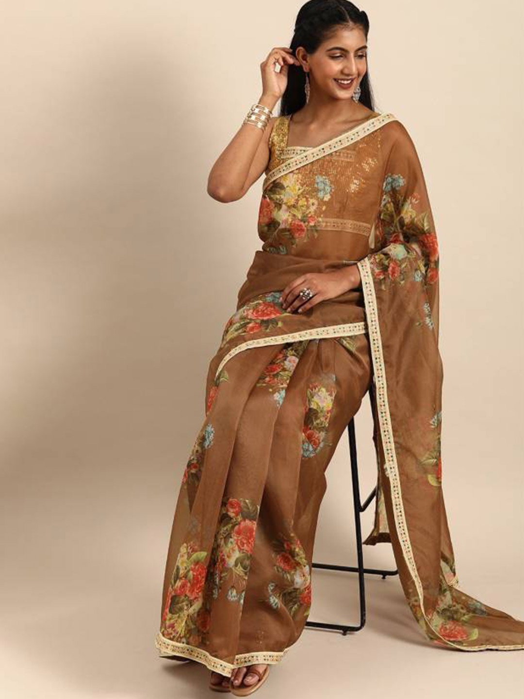 

Sangria Coffee Brown Floral Organza Saree