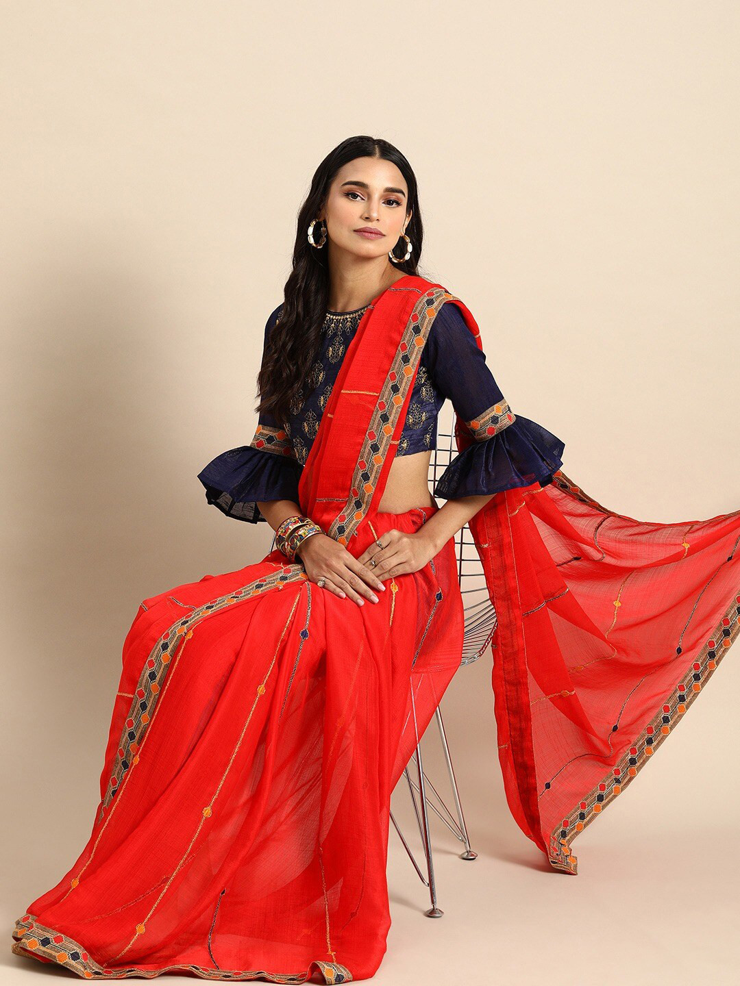 

Sangria Red & Blue Striped Silk Blend Saree