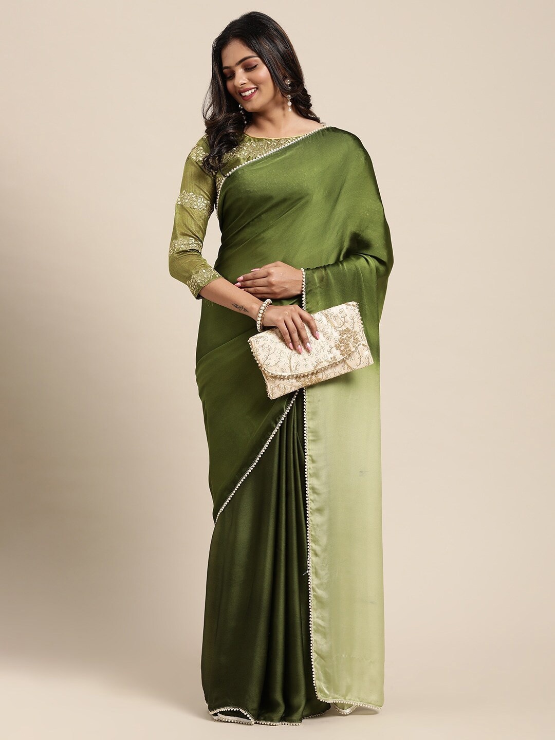 

Sangria Olive Green Satin Saree