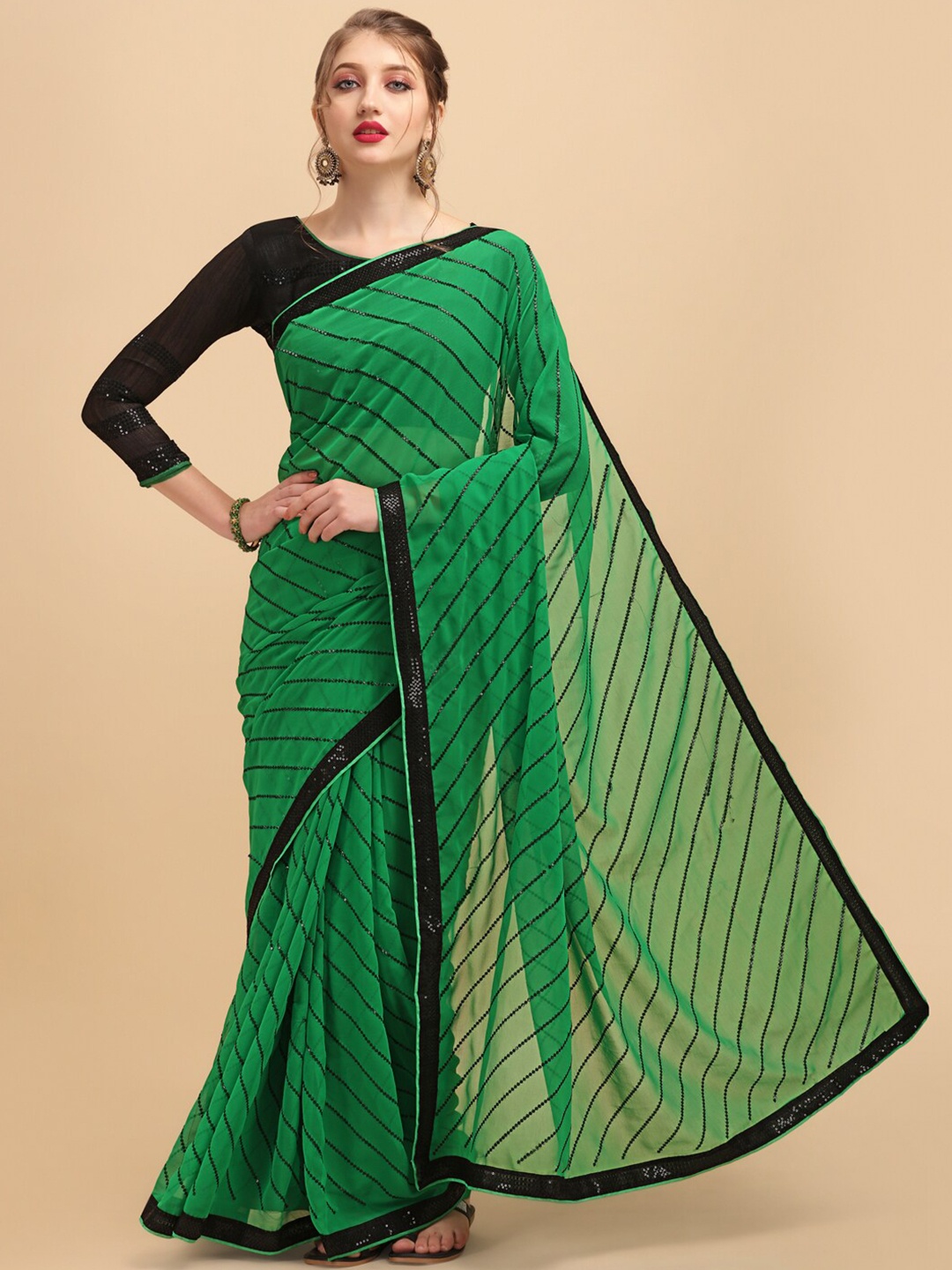 

Sangria Olive Green & Black Striped Sequinned Pure Georgette Saree