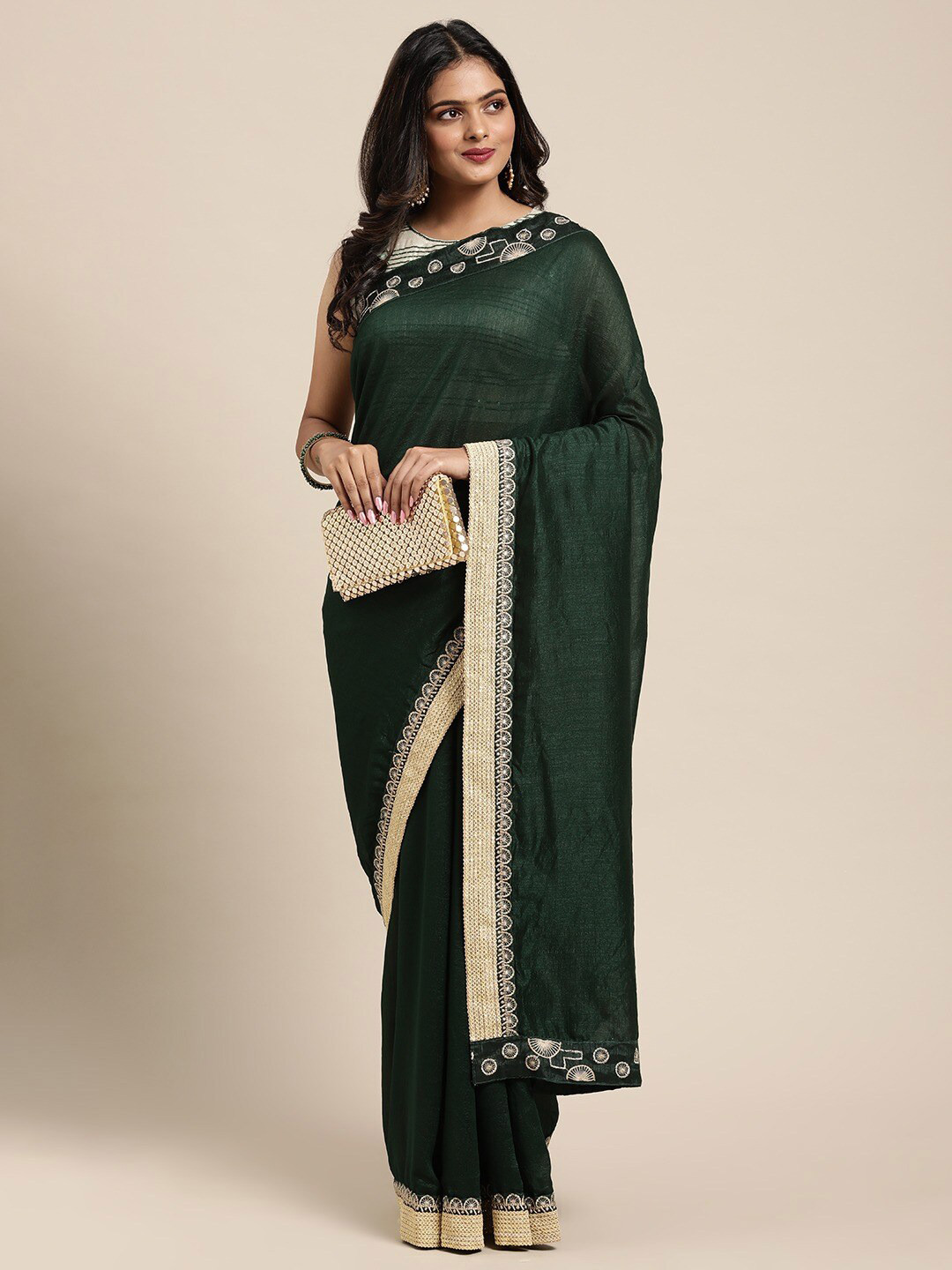

Sangria Olive Green & Gold-Toned Embroidered Party Saree