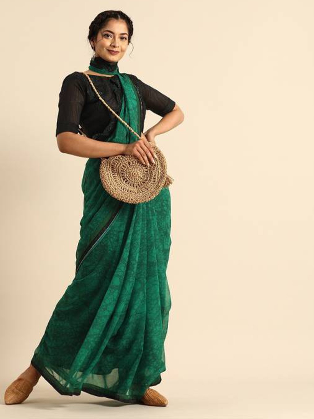 

Sangria Olive Green & Black Sequinned Pure Georgette Saree