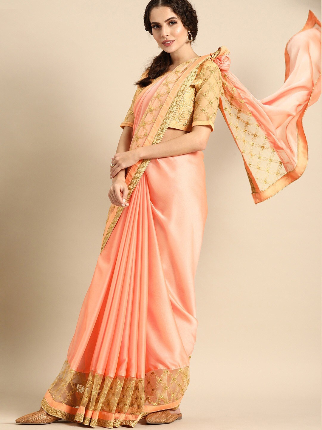 

Sangria Peach-Coloured & Gold-Toned Embroidered Pure Chiffon Heavy Work Saree
