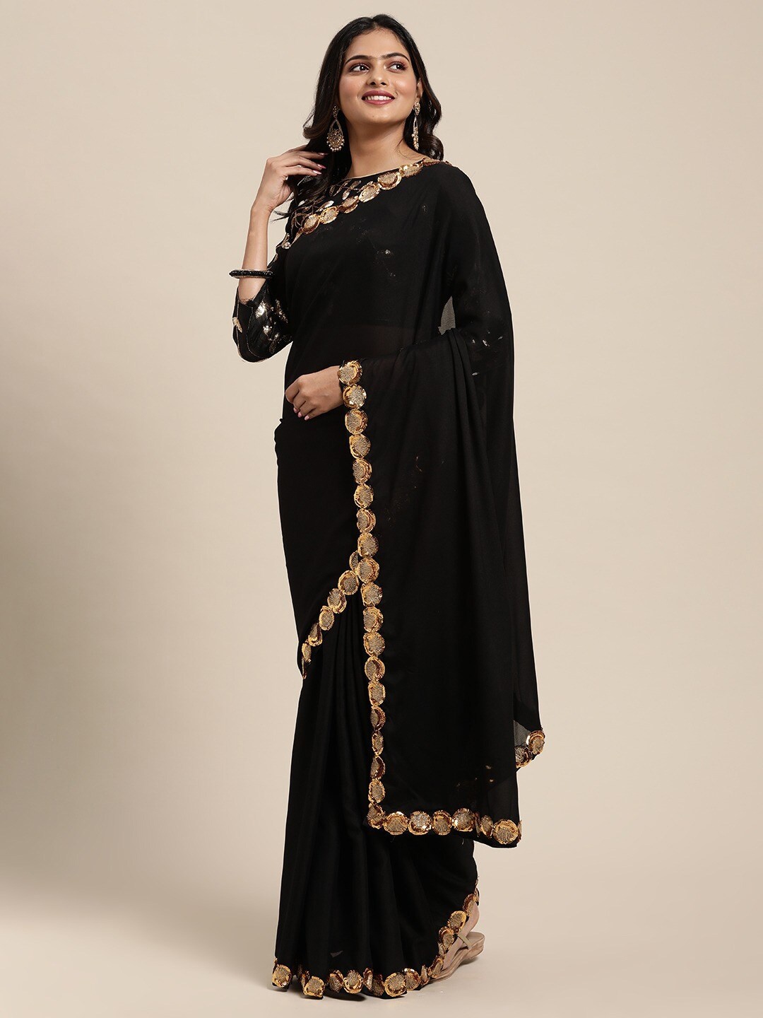 

Sangria Black & Gold-Toned Embroidered Pure Georgette Saree