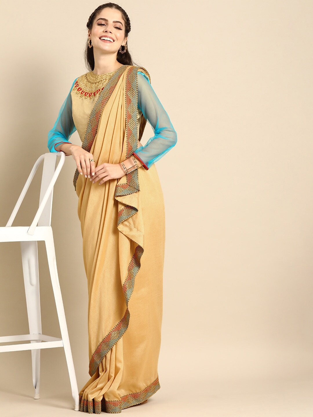 

Sangria Beige & Blue Embroidered Party Saree