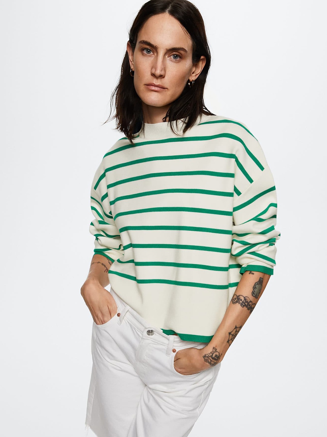 

MANGO Women White & Green Striped Crop Pullover