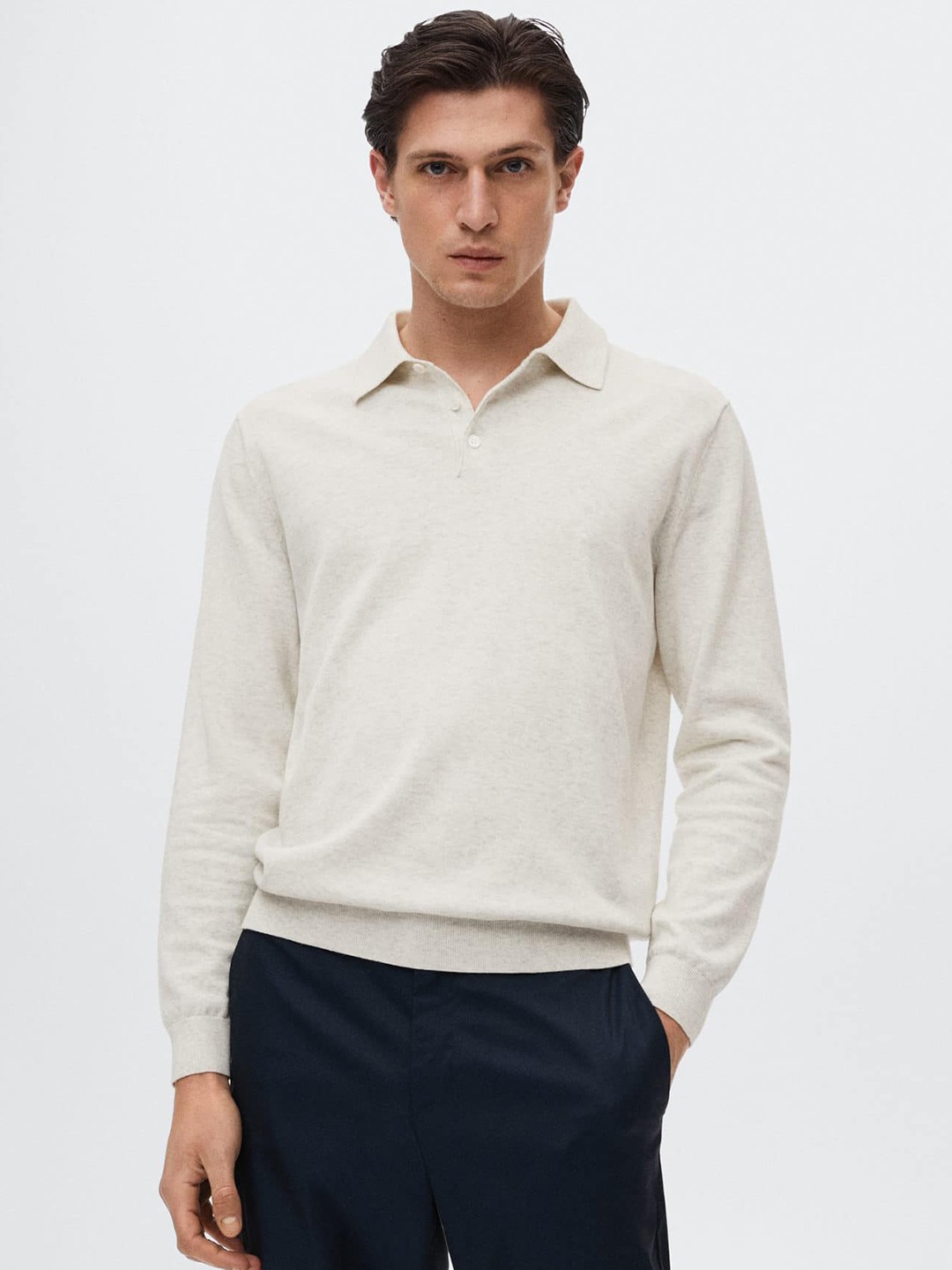 

MANGO MAN Off White Solid Polo Collar Pure Cotton Sustainable T-shirt