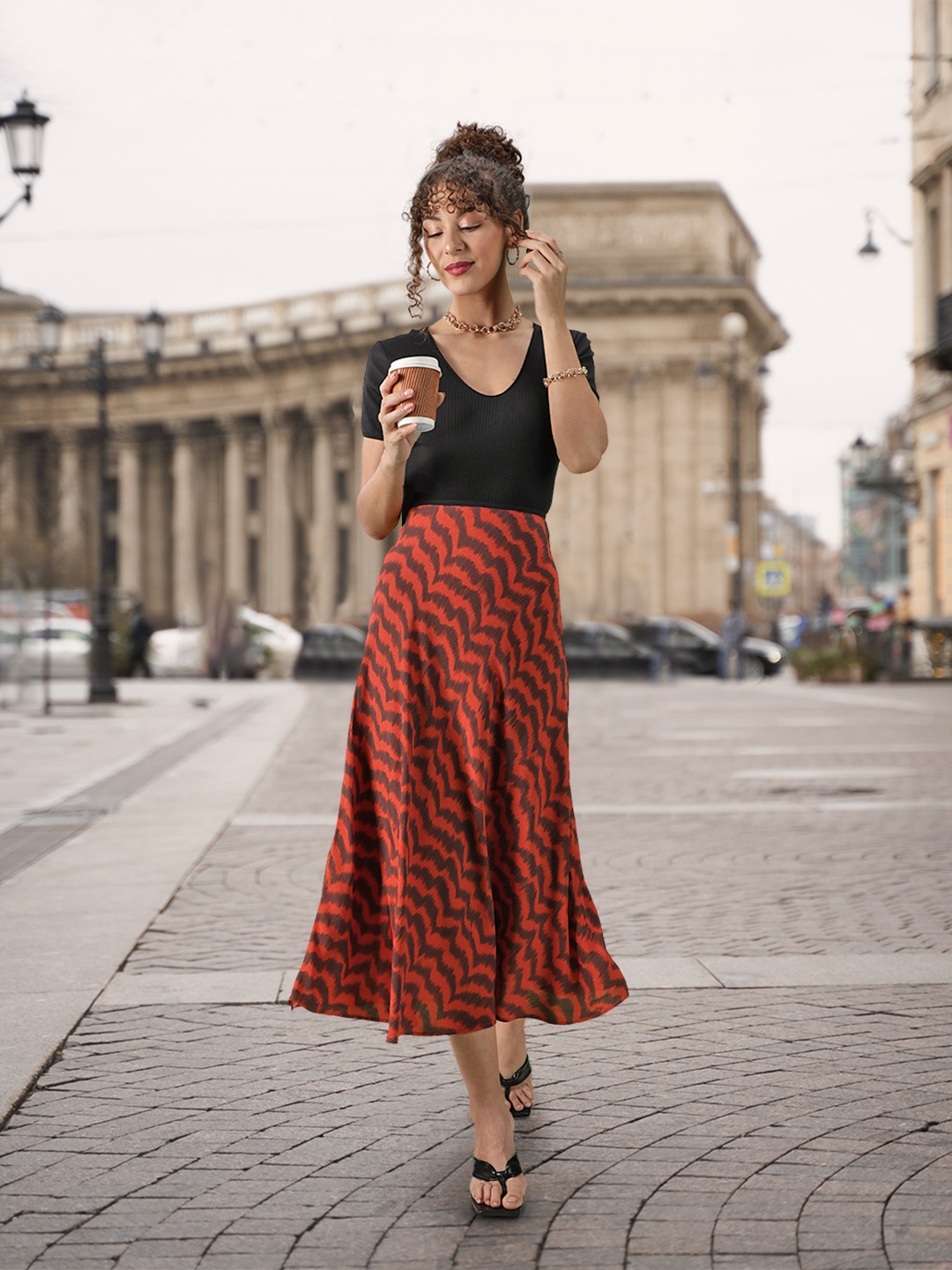 

MANGO Rust Orange & Black Printed Midi Sustainable Skirt