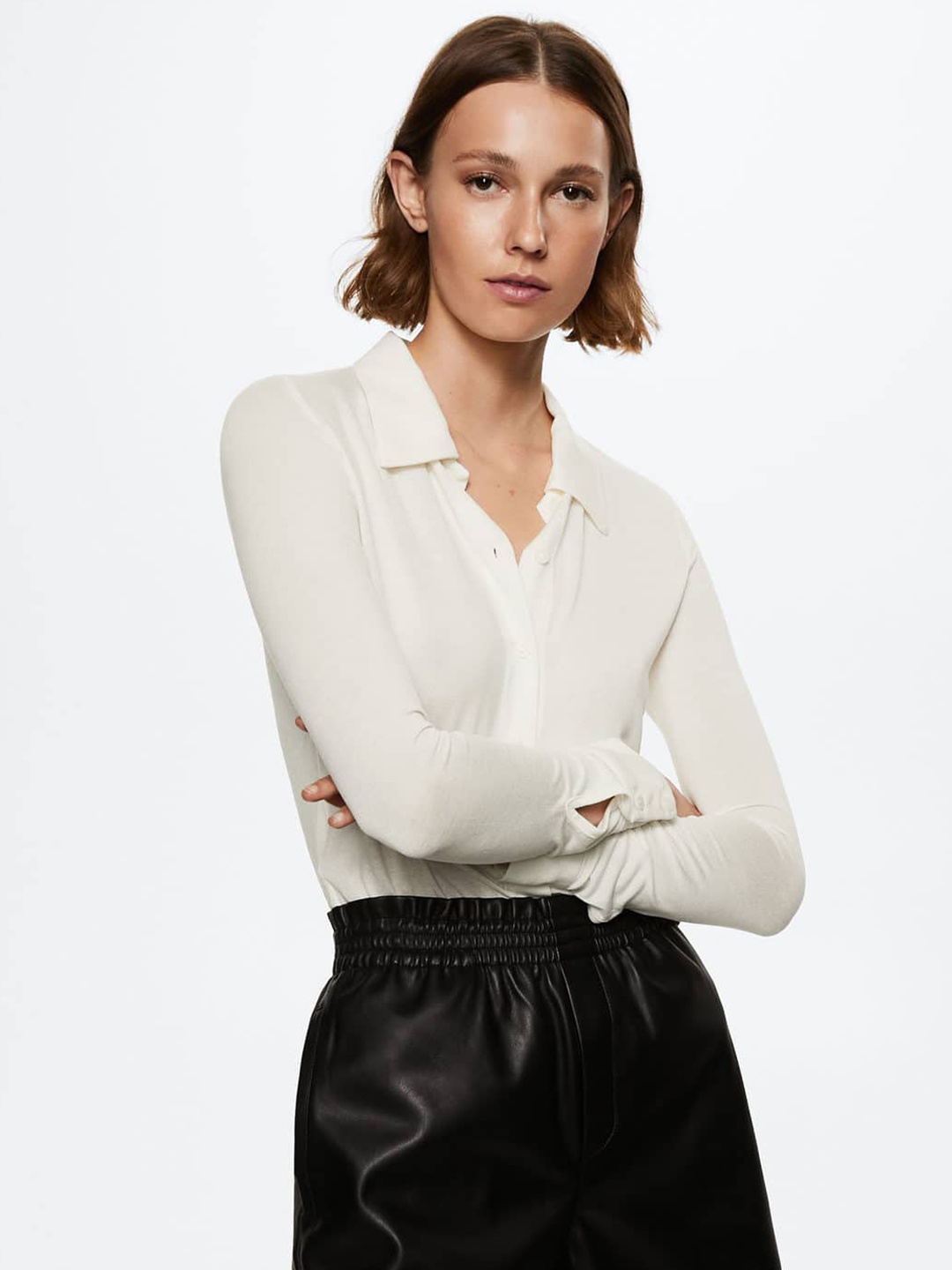 

MANGO Women Off White Solid Sustainable Casual Shirt