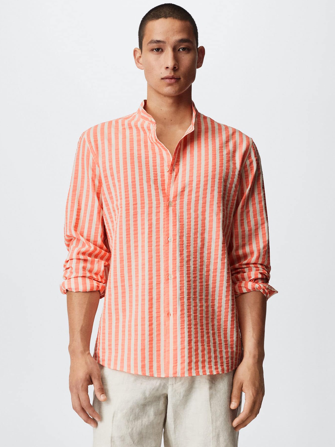 

MANGO MAN Men Coral Orange & White Striped Casual Sustainable Shirt