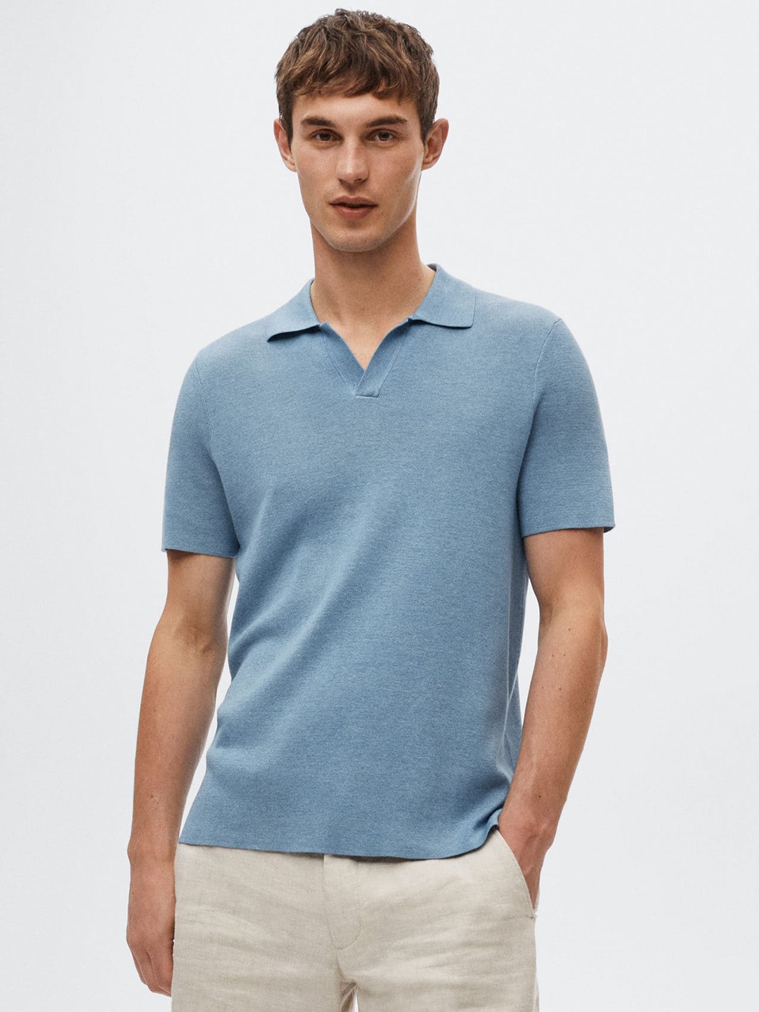

MANGO MAN Men Blue Polo Collar Sustainable T-shirt