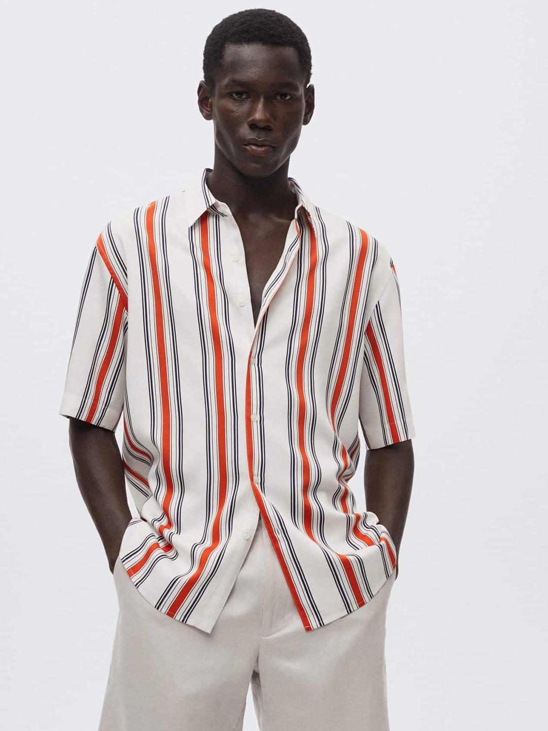 

MANGO MAN Men Orange Striped Casual Sustainable Shirt