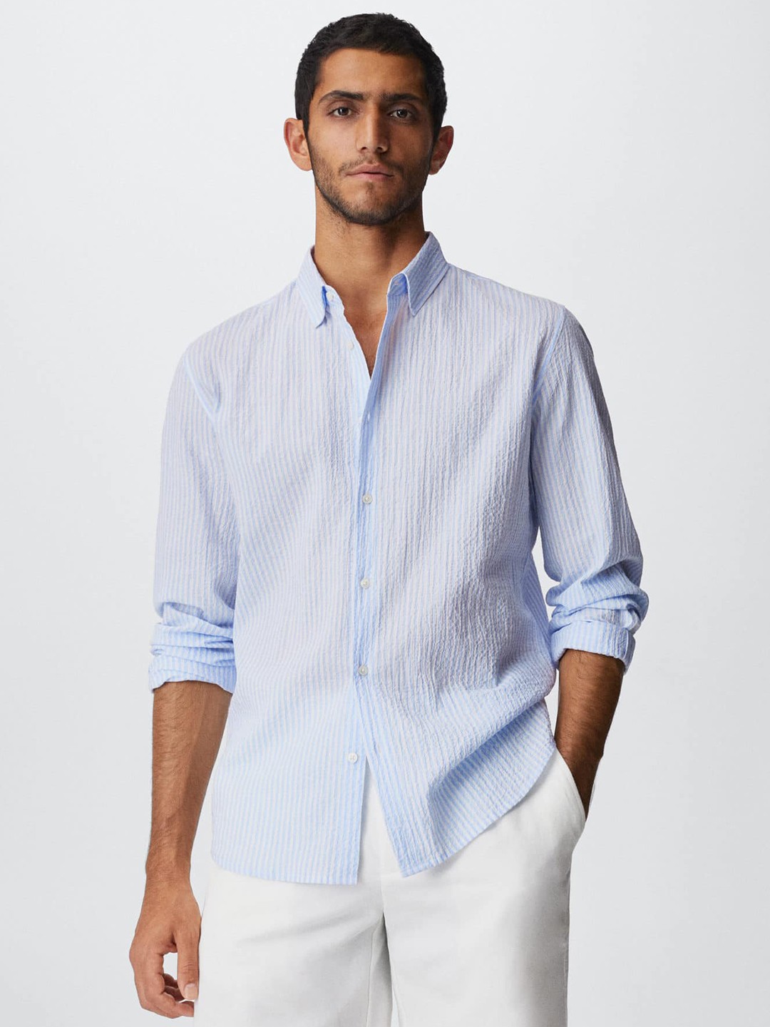 

MANGO MAN Men Blue Slim Fit Striped Casual Sustainable Shirt