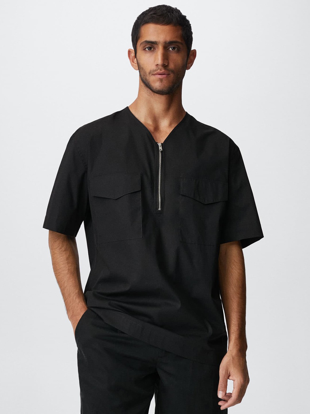 

MANGO MAN Men Black V-Neck Sustainable T-shirt