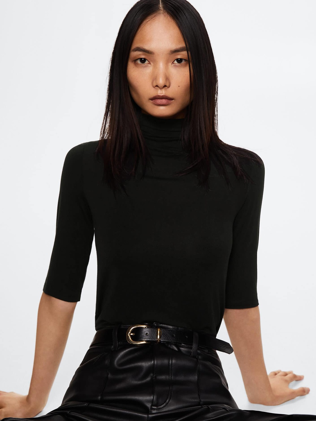 

MANGO Women Black Solid High Neck Sustainable T-shirt