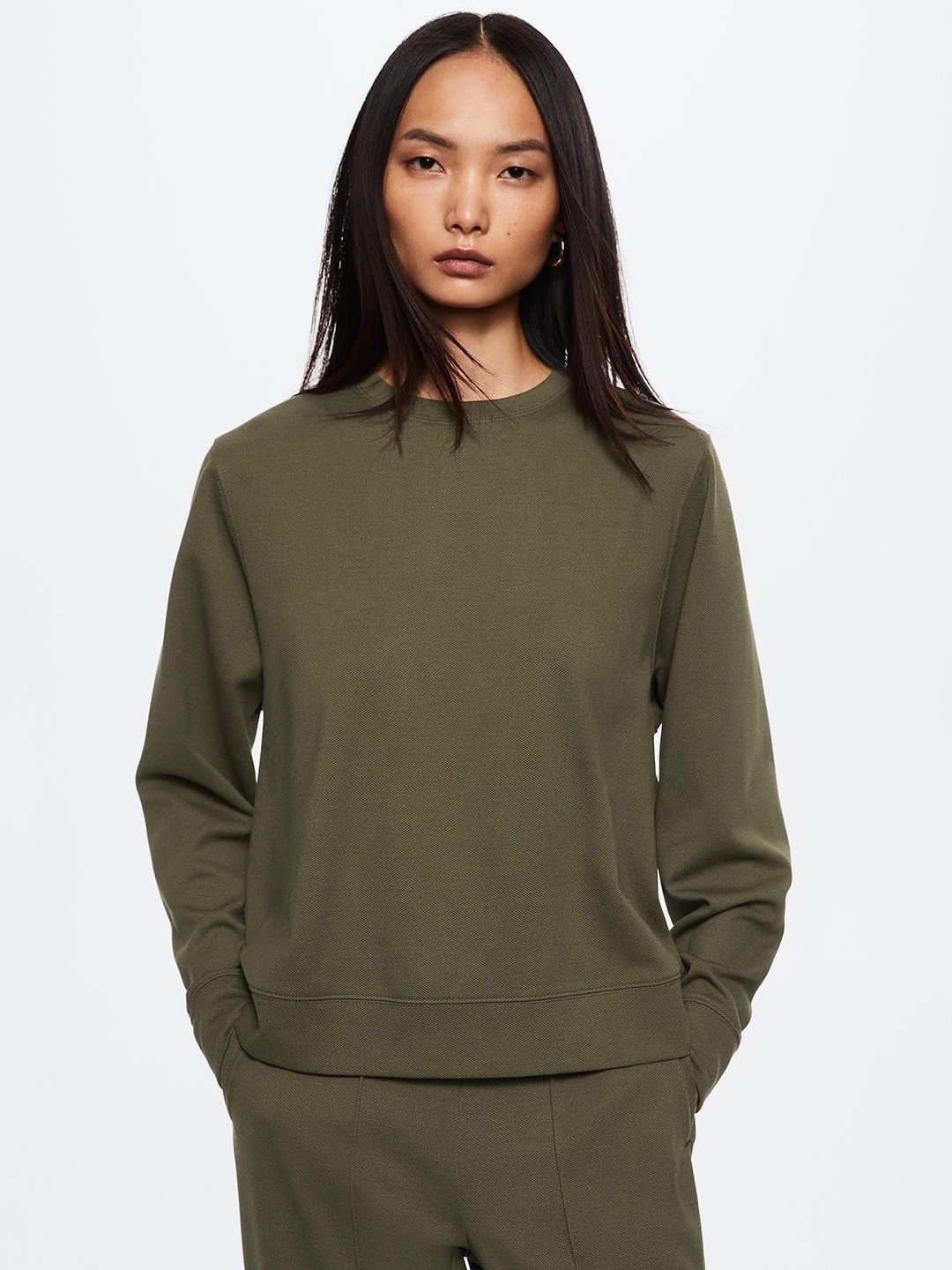 

MANGO Women Olive Green Round Neck Knitted Sustainable Pullover