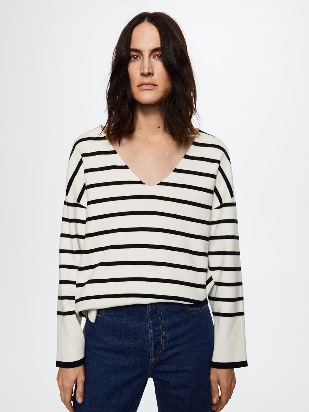 

MANGO Women White & Black Striped Pullover