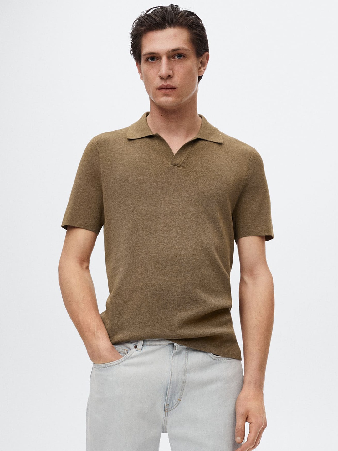 

MANGO MAN Men Brown Polo Collar Sustainable T-shirt
