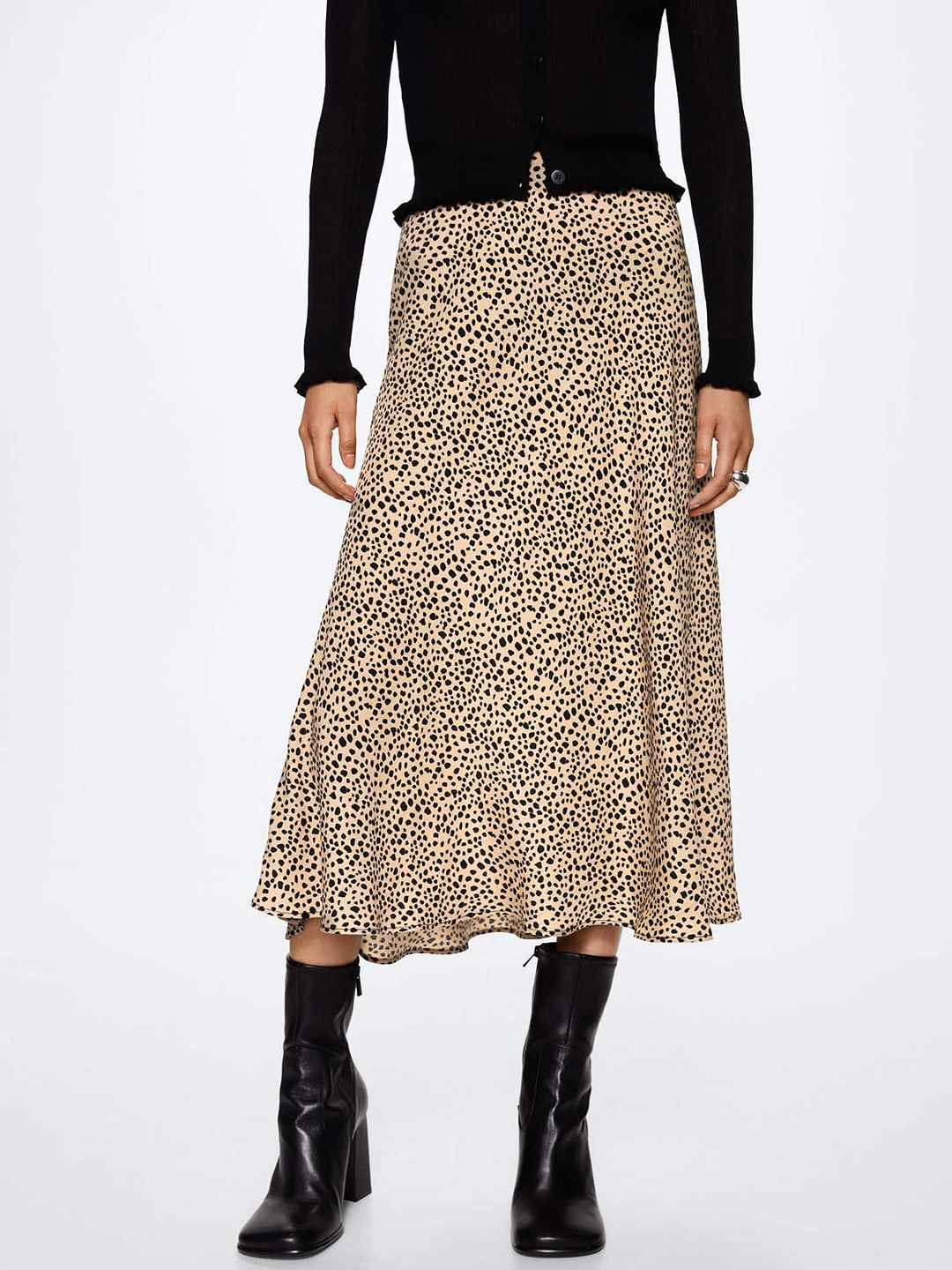 

MANGO Beige & Black Sustainable Animal Printed A-line Midi Skirt