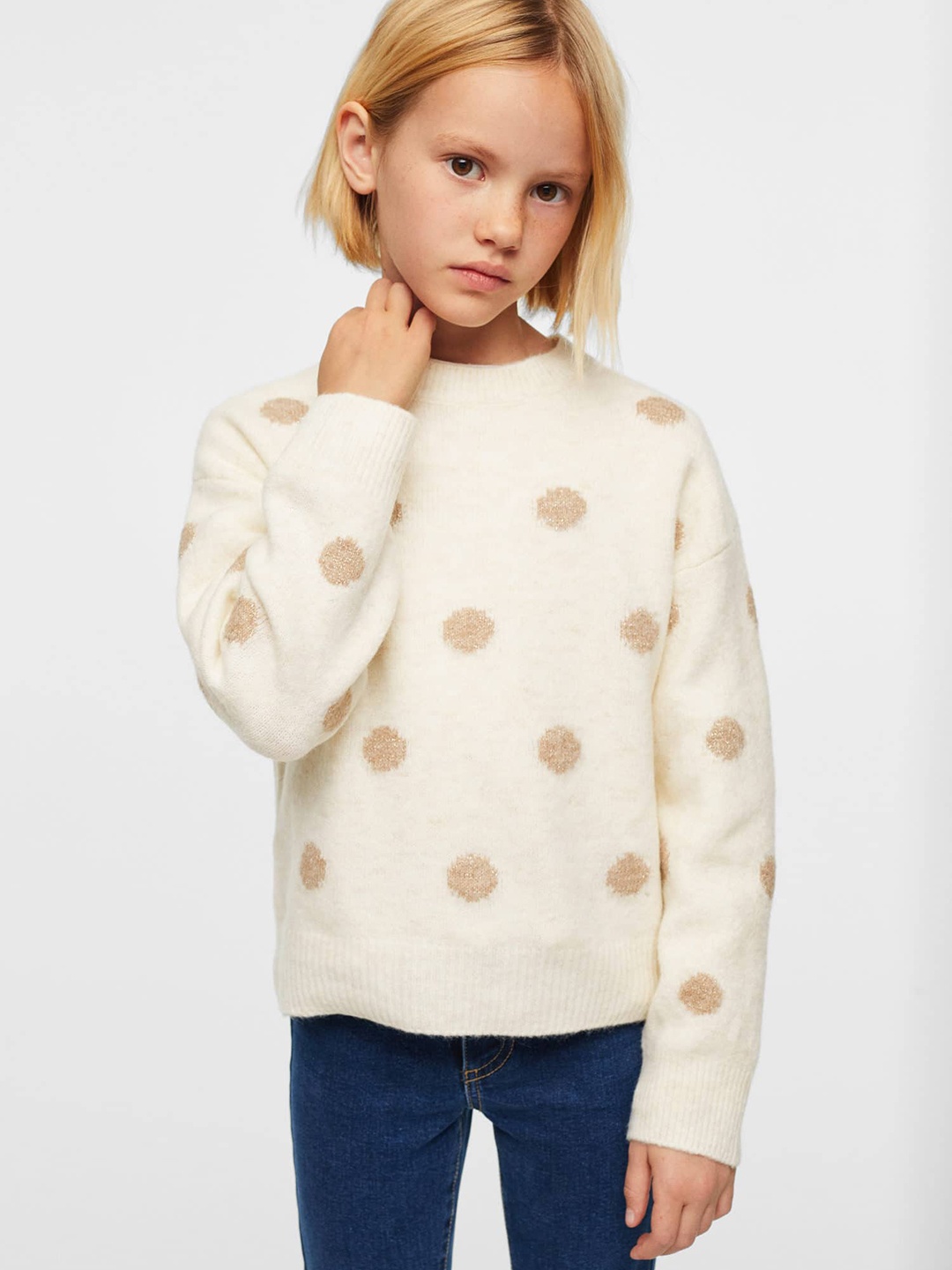 

Mango Kids Girls Off White & Brown Polka Dot Patterned Sustainable Pullover