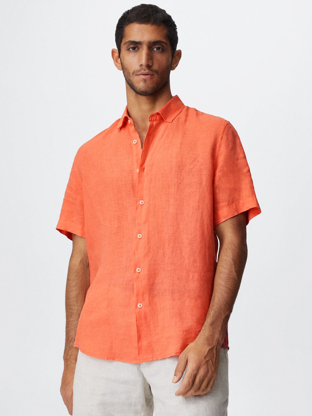 

MANGO MAN Men Coral Casual Sustainable Linen Shirt