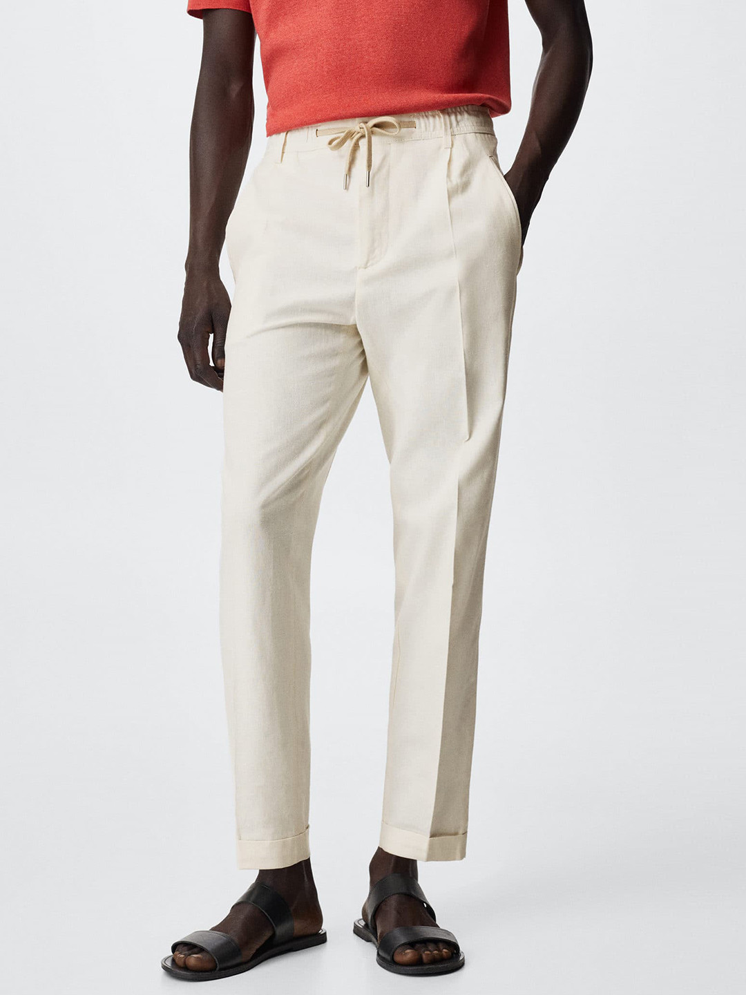 

MANGO MAN Off White Linen Cotton Pleated Sustainable Trousers