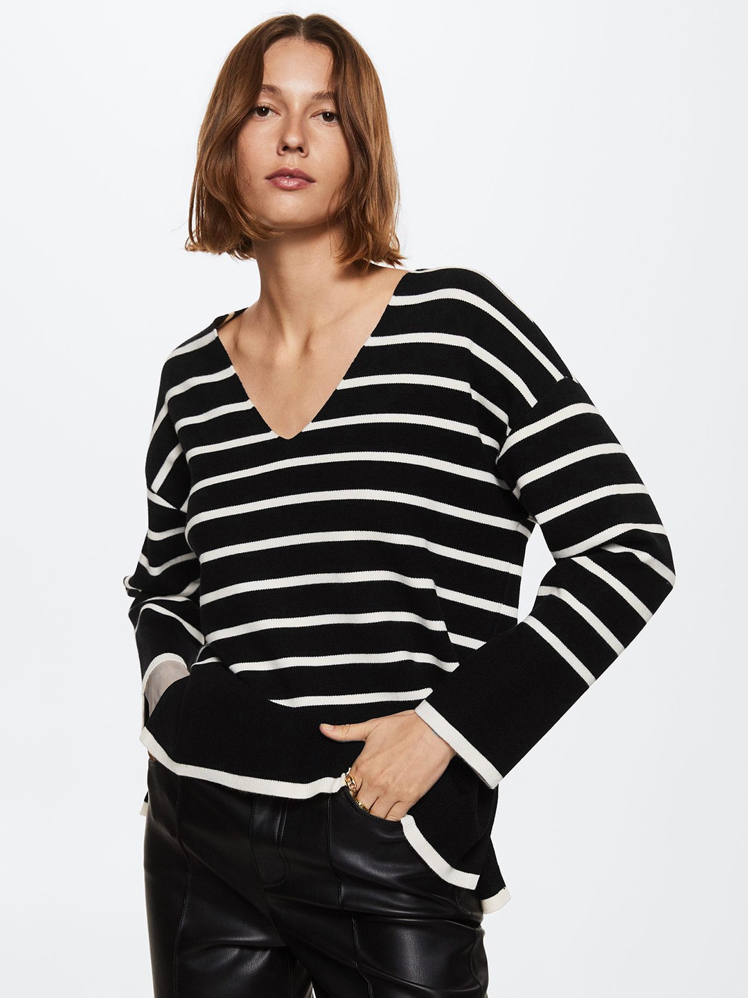 

MANGO Women Black & White Striped Pullover