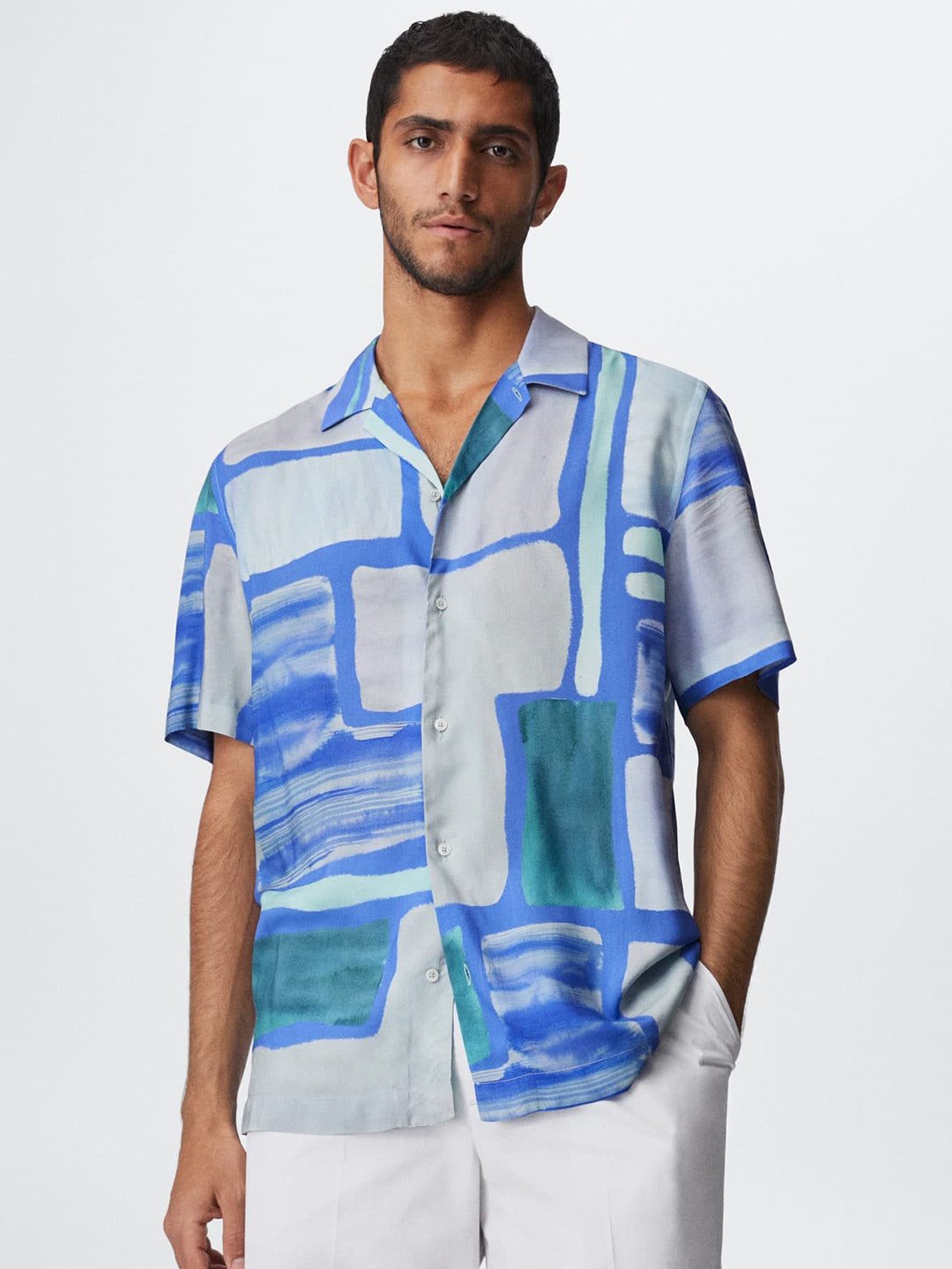 

MANGO MAN Blue & Grey Printed Casual Sustainable Shirt