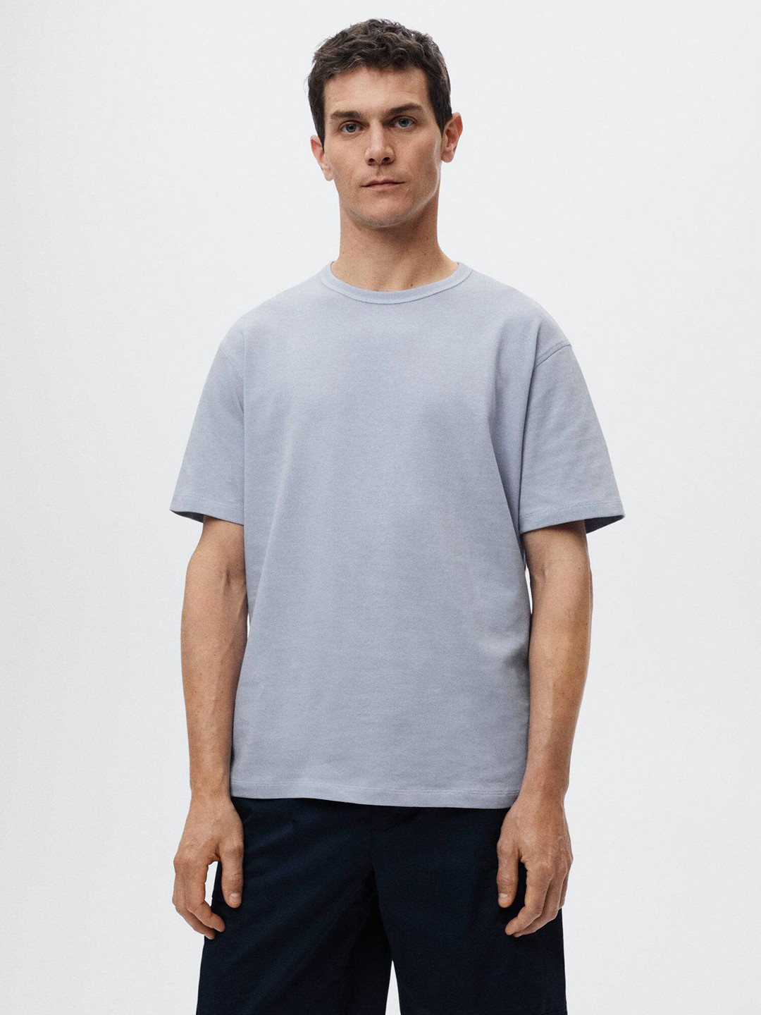 

MANGO MAN Men Blue Drop-Shoulder Sleeves Pure Cotton Solid Sustainable T-shirt