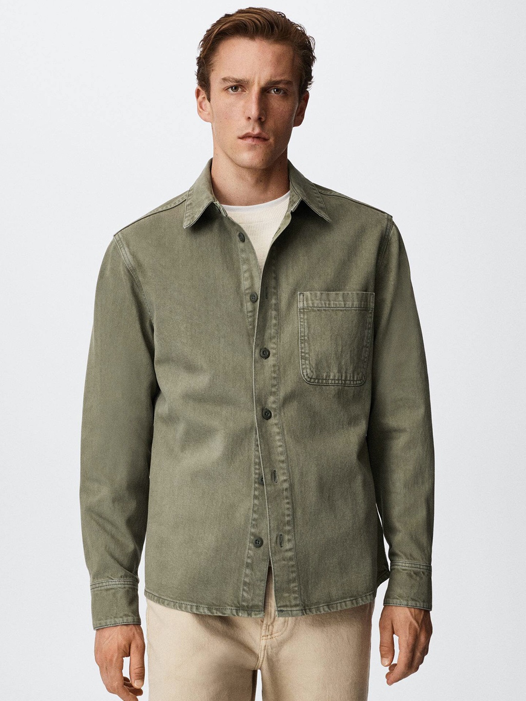 

MANGO MAN Men Olive Green Sustainable Denim Shackets