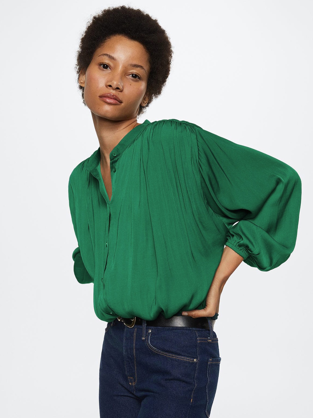 

MANGO Green Solid Mandarin Collar Shirt Style Top