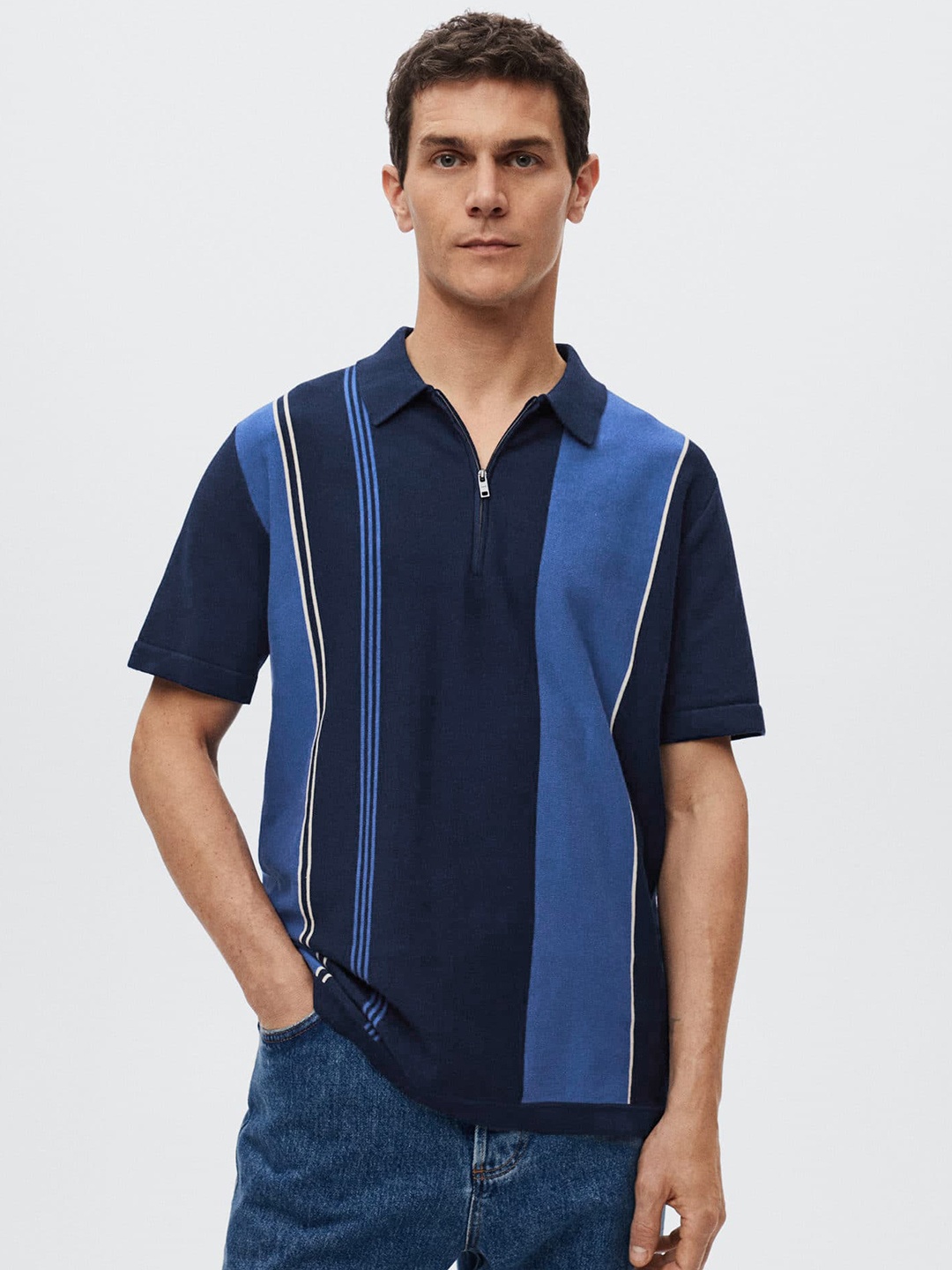 

MANGO MAN Men Navy Blue Striped Polo Collar Drop-Shoulder Sleeves Sustainable T-shirt