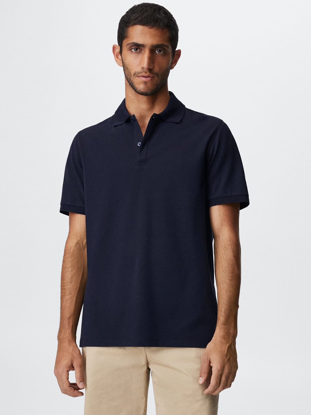 

MANGO MAN Men Navy Blue Polo Collar Solid Sustainable T-shirt
