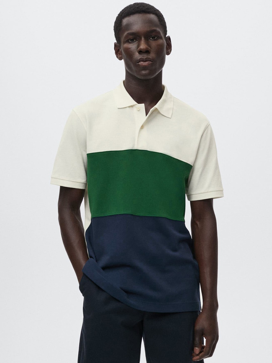 

MANGO MAN Men White & Green Colourblocked Polo Collar Pure Cotton Sustainable T-shirt