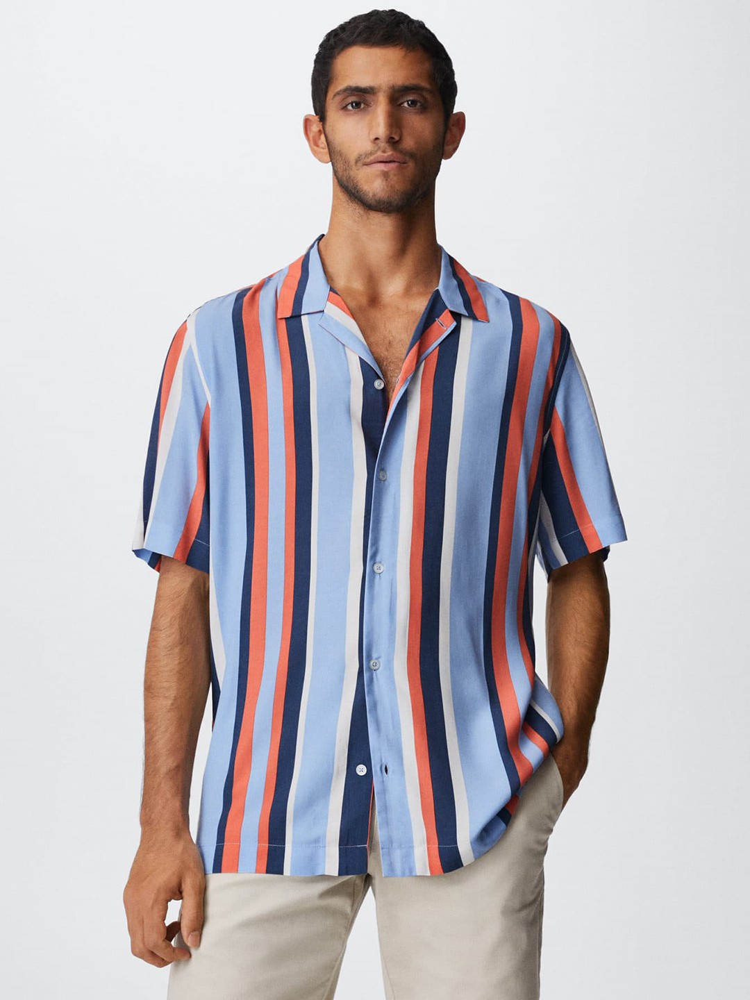 

MANGO MAN Men Blue & Orange Striped Casual Sustainable Shirt