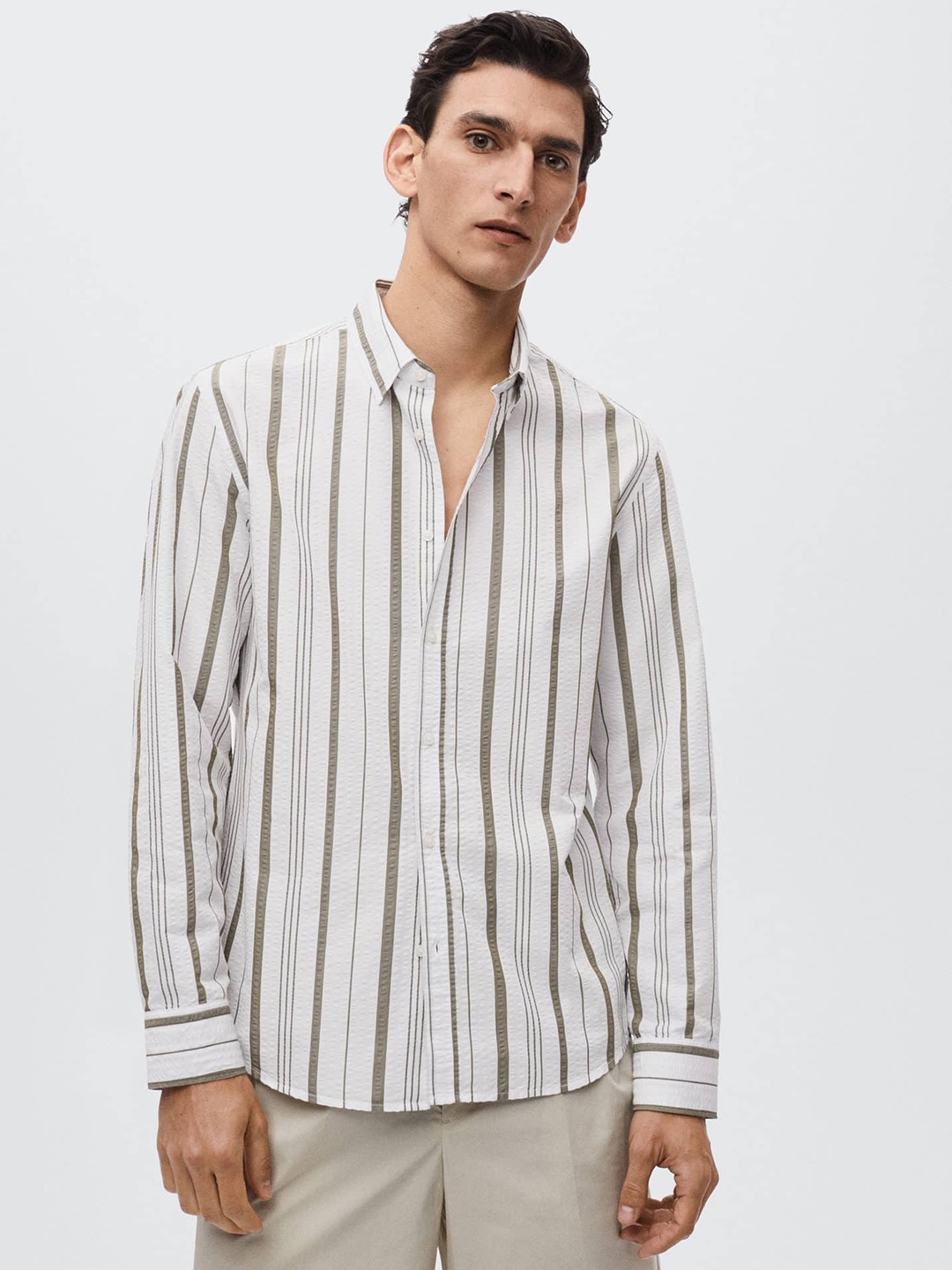 

MANGO MAN Men White & Beige Striped Casual Sustainable Shirt