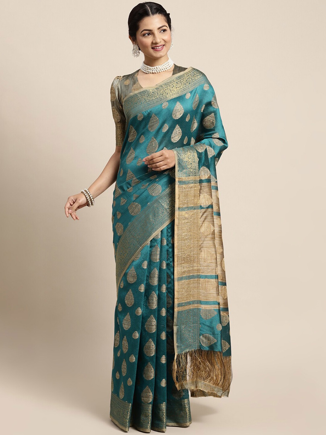 

Satrani Teal & Gold-Toned Woven Design Zari Silk Cotton Saree
