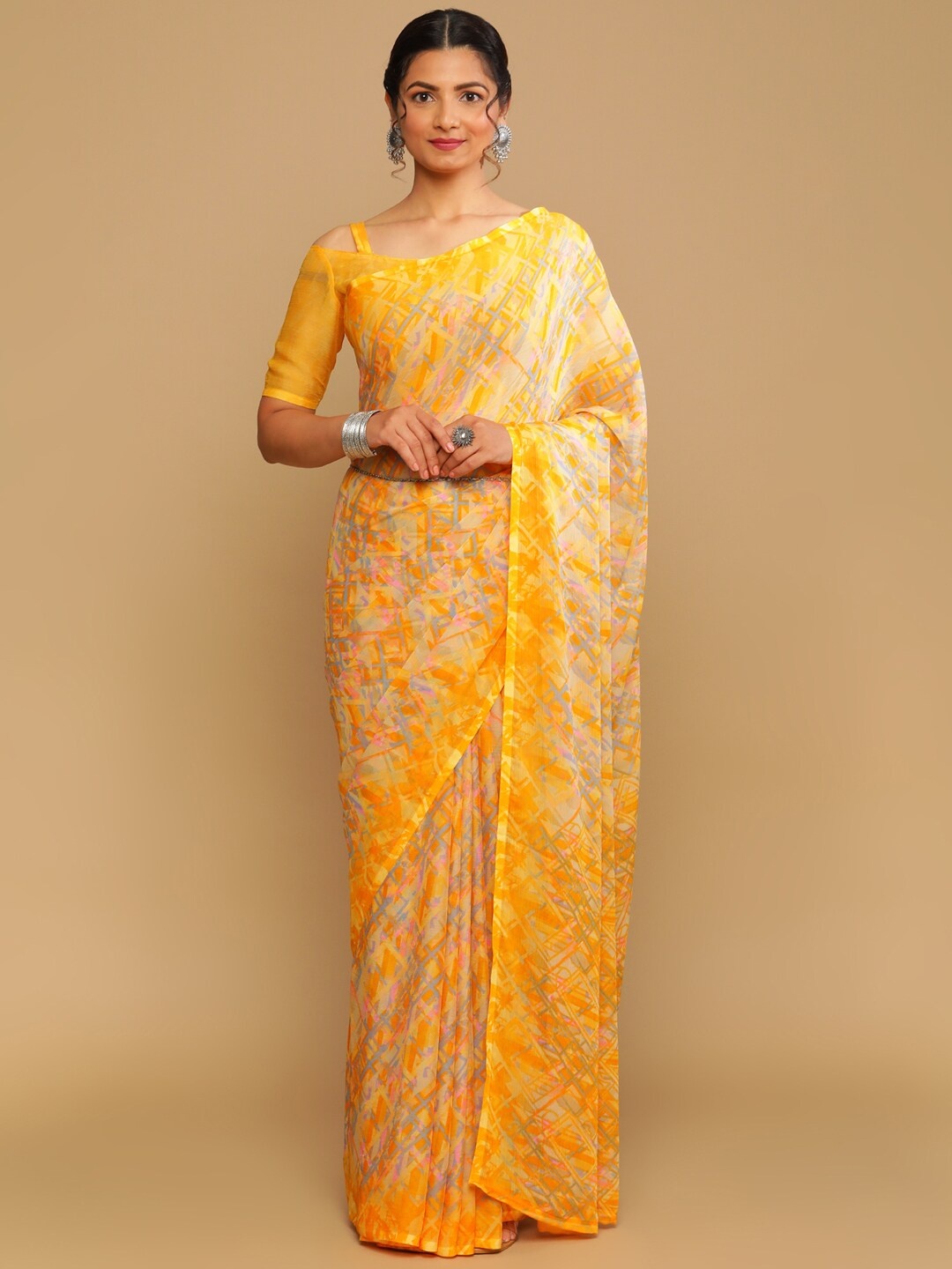 

Satrani Yellow & White Poly Chiffon Printed Saree