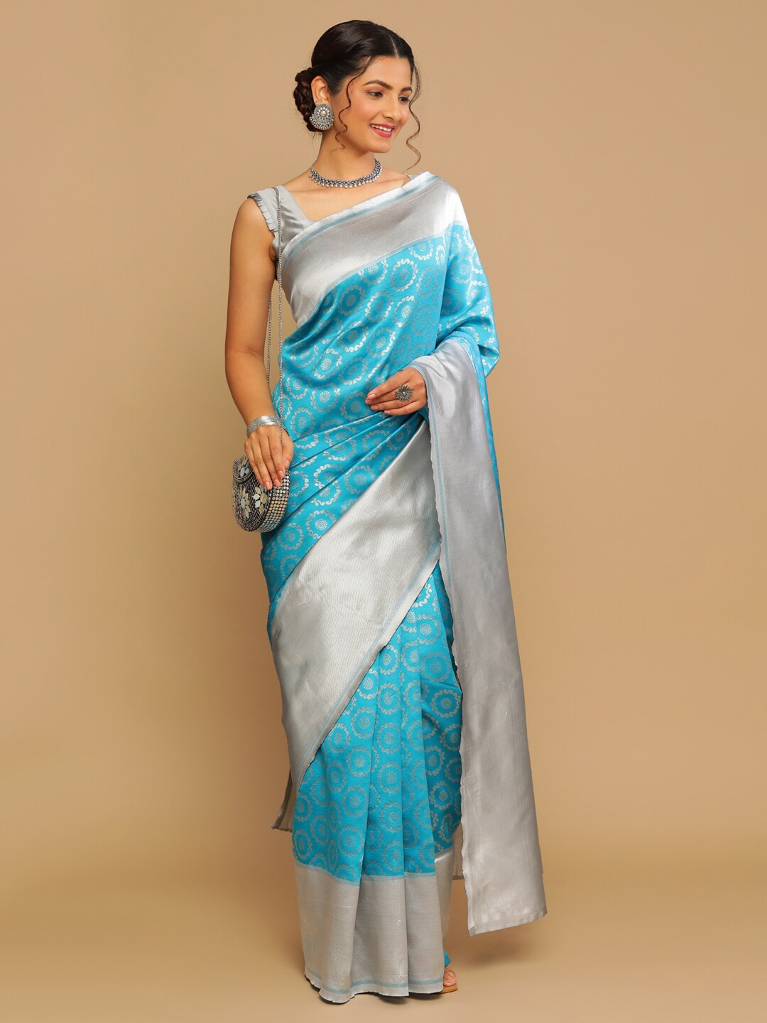 

Satrani Blue & Silver-Toned Woven Design Zari Banarasi Saree