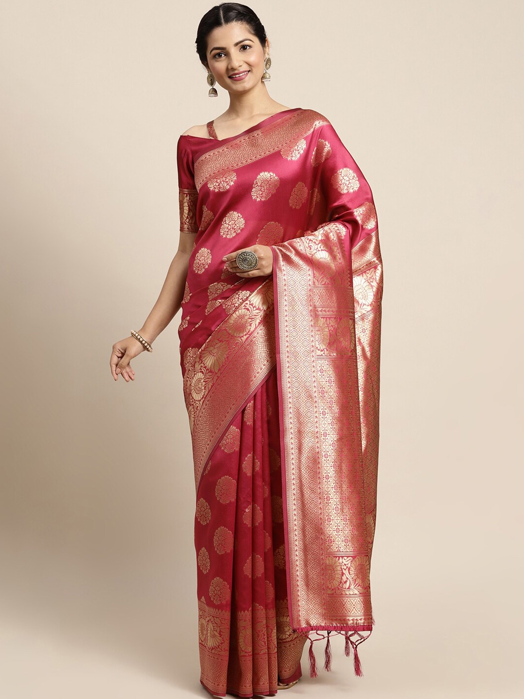 

Satrani Pink & Gold-Toned Woven Design Zari Saree