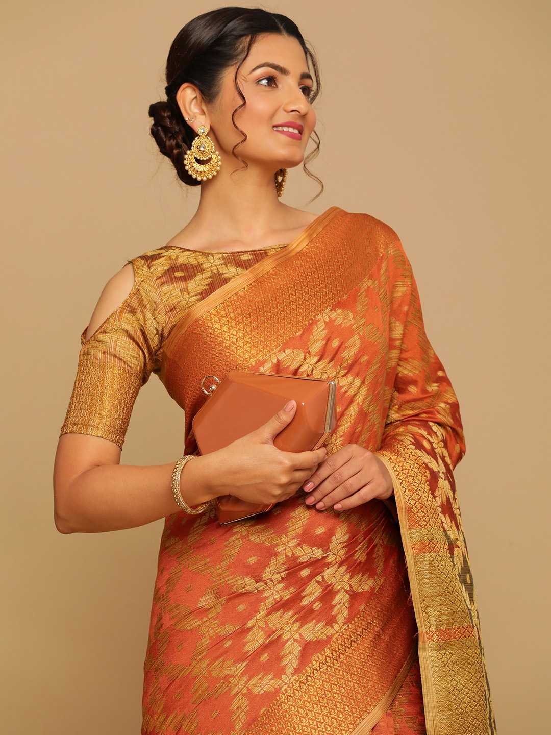 

Satrani Orange & Gold-Toned Woven Design Zari Silk Cotton Banarasi Saree