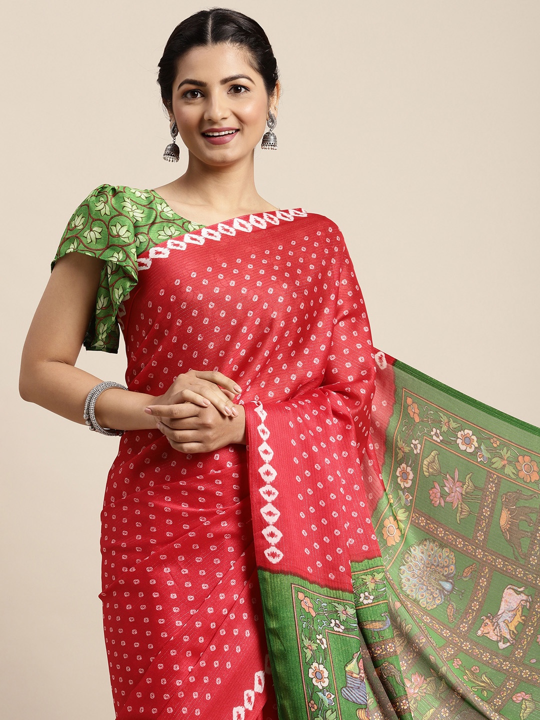 

Satrani Red & Green Bandhani Printed Saree