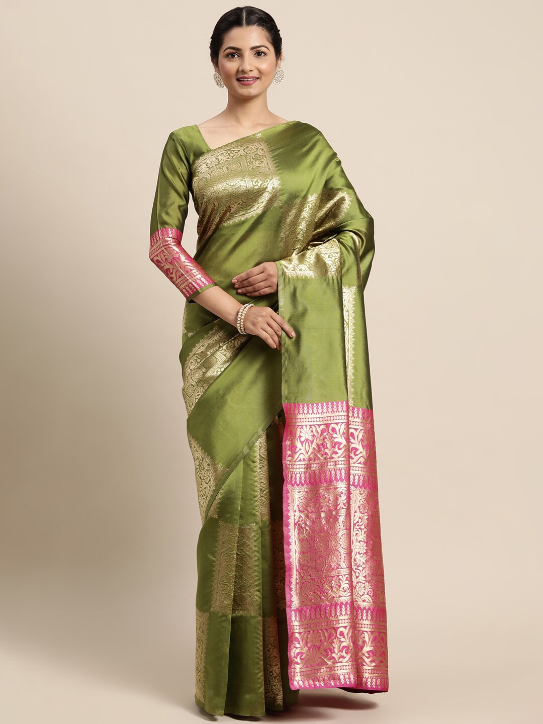 

Satrani Olive Green & Pink Woven Design Zari Banarasi Saree