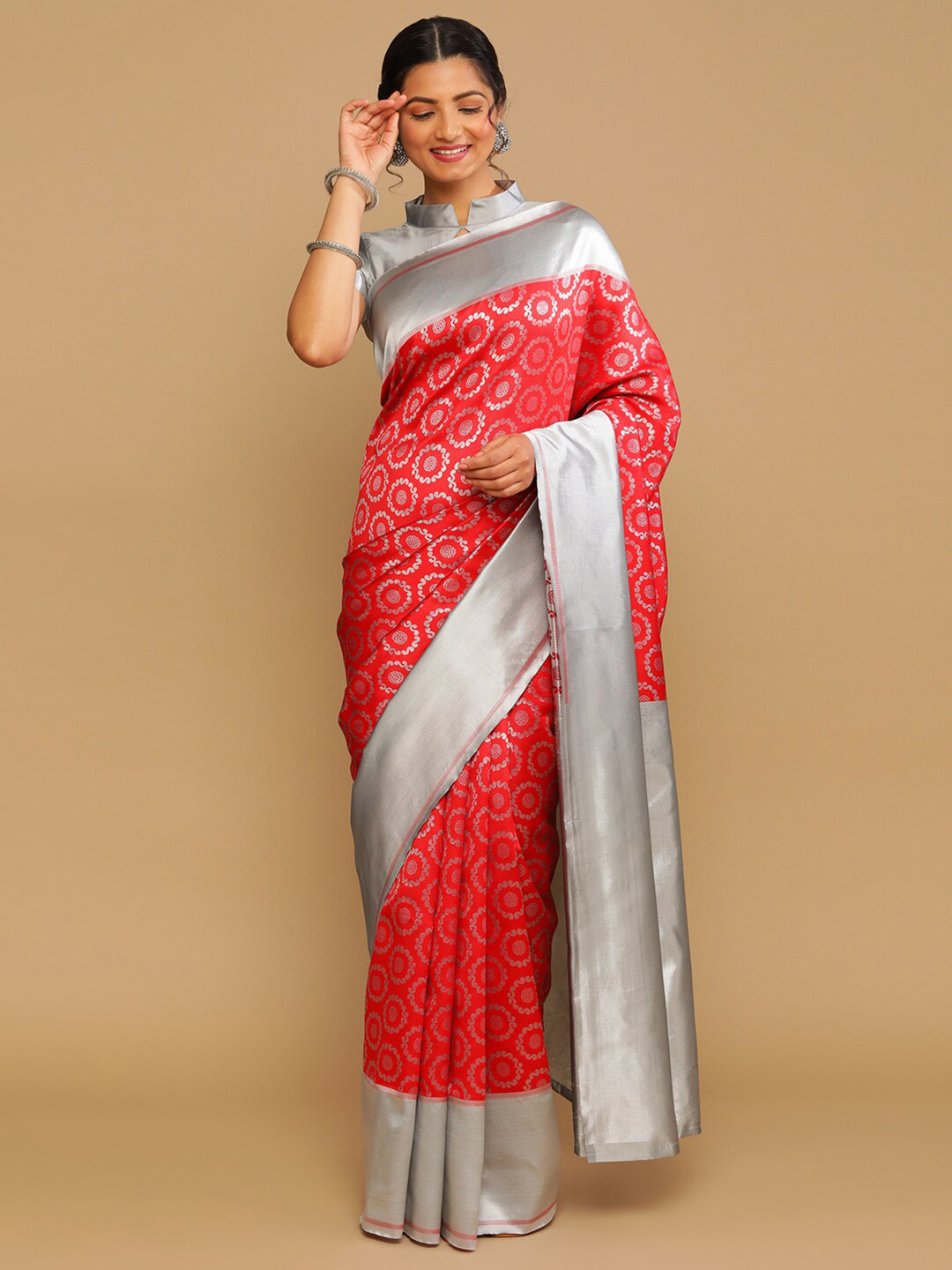 

Satrani Red & Silver-Toned Floral Zari Banarasi Saree